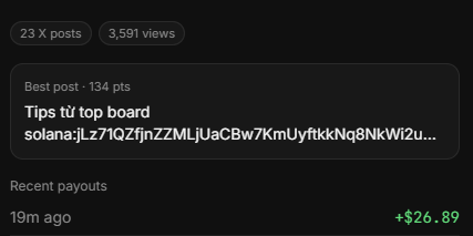A screenshot showing 23 X posts, 3,591 views, a best post titled 'Tips tü top board' with 134 points, and a recent payout of +$26.89.