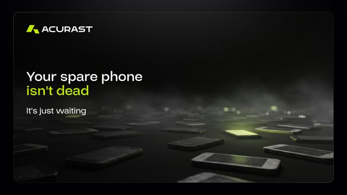 The image features a black background with numerous smartphones scattered across it. The text "Your spare phone isn't dead" is displayed above the phones, emphasizing that these devices are not obsolete but rather repurposed for productivity. The phrase "Compute is scarce. Old smartphones are not. @Acurast closes that gap, turning the most abundant piece of personal hardware in the world into productive, rewarded infrastructure." highlights how technology has evolved and how people can make use of outdated devices to create new opportunities.