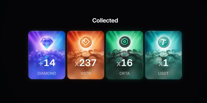 A digital game or app screen titled 'Collected' displaying four colorful cards showing inventory items: DIAMOND (+14), VSTR (x237), ORTA (x16), and USDT (x1).