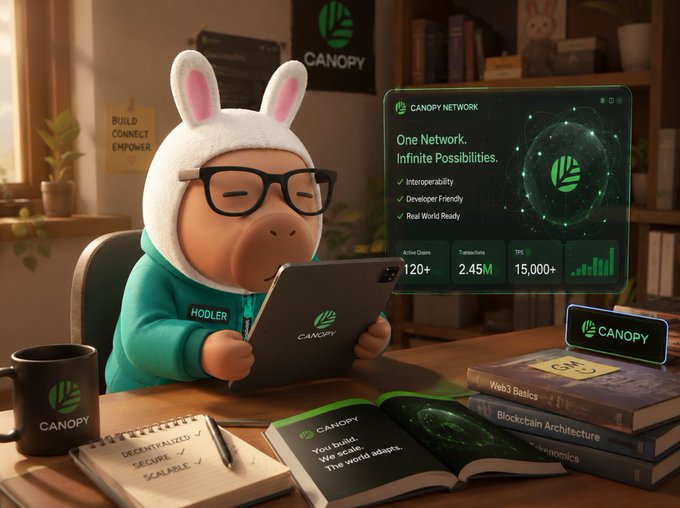 An anthropomorphic pig character with bunny ears, glasses, and a 'HODLER' jacket works on a laptop displaying the 'Canopy Network' interface, surrounded by branding that reads 'One Network. Infinite Possibilities.' and 'BUILD, CONNECT, EMPOWER.'