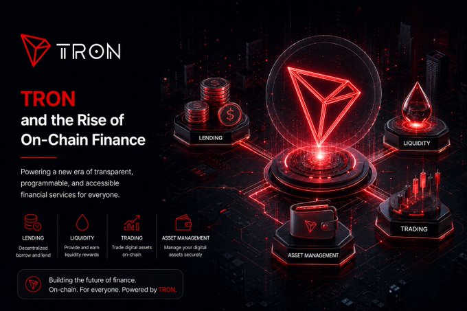 Promotional graphic for TRON titled 'TRON and the Rise of On-Chain Finance' featuring icons for Lending, Liquidity, Trading, and Asset Management against a futuristic red-lit background.
