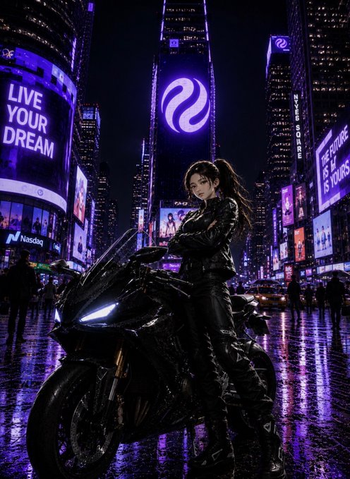 The image features a woman sitting on a motorcycle with purple lights shining brightly around her. The background of the photo shows a city street at night with neon signs illuminating the area. There are also other people visible in the scene, adding depth to the overall composition. The caption "Good night Ninjas, $INJ vibes only Calm mind, sharp moves, limitless energy." suggests that the image is related to a motorcycle-themed event or gathering where the woman on the motorcycle represents the concept of "Ninjas" and her presence adds an element of excitement and energy to the scene.