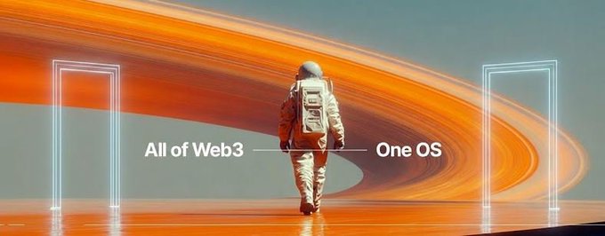 A futuristic graphic showing an astronaut walking toward glowing doorways, with text reading 'All of Web3' on one side and 'One OS' on the other, set against an orange swirling background.