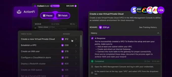 Screenshots of the ActionFi app showing AWS training tasks, including 'Create a new Virtual Private Cloud' for 312 reward points and a completed task for creating a VPC worth 230 points.
