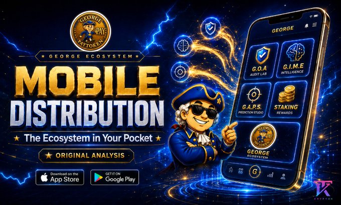 A vibrant promotional graphic for the 'GEORGE ECOSYSTEM' mobile app, featuring a cartoon character in colonial attire and sunglasses, with a phone displaying app features like 'G.O.A AUDIT LAB', 'G.I.M.E INTELLIGENCE', 'G.A.P.S PREDICTION STUDIO', and 'STAKING REWARDS', available on App Store and Google Play.