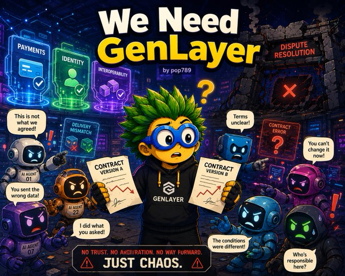 A vibrant cartoon-style promotional image titled 'We Need GenLayer' by pop789, depicting a confused character holding two different contract versions while AI agents argue about contract errors and dispute resolution amid chaos.