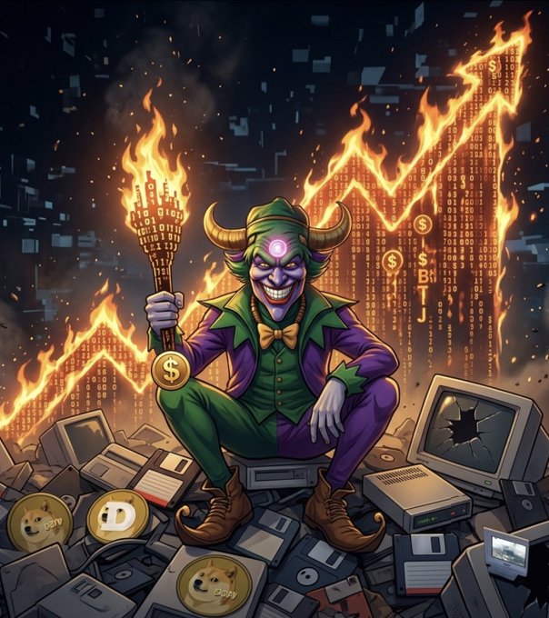 A digital illustration depicts a horned, purple-and-green costumed character holding a torch of fire and a dollar coin, sitting amidst piles of old computer equipment, floppy disks, and Dogecoin coins.