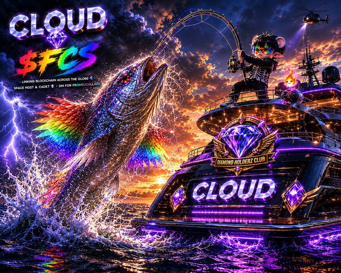 The image features a large fish leaping out of water with a rainbow-colored background that includes purple and blue hues. The text "Cloud SFFCS" is displayed, which appears to be related to a giveaway or contest. A boat can also be seen in the scene, adding to the overall atmosphere of the post.