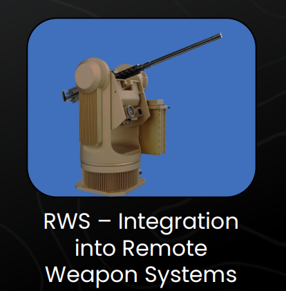 A tan-colored remote weapon station (RWS) featuring a mounted rifle is displayed against a blue background, with text below reading "RWS – Integration into Remote Weapon Systems." The image illustrates the camera/optical integration component of an RWS system, relevant to $LPTH's involvement in such defense technology.