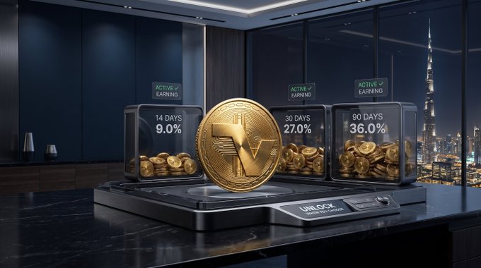 A luxurious modern penthouse setting showcases a large golden RIV coin at the center of a sleek display platform, flanked by three transparent cases showing "ACTIVE EARNING" with progressive returns: "14 DAYS 9.0%," "30 DAYS 27.0%," and "90 DAYS 36.0%," against a stunning nighttime Dubai skyline. The "UNLOCK" button at the base reinforces the staking flexibility message, visually emphasizing how $RIV stays actively earning rewards across different timeframes while giving holders the freedom to unlock anytime.