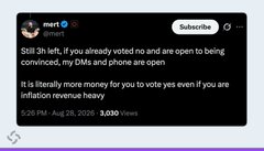 A tweet from user 'mert' (@mert_) posted at 5:26 PM, Aug 28, 2026, is visible with 3,030 views, encouraging followers to vote.