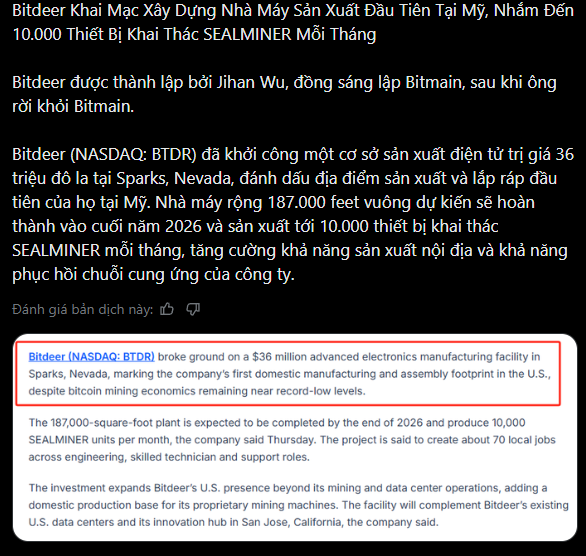A Vietnamese news article about Bitdeer (NASDAQ: BTDR) breaking ground on a $36 million manufacturing facility in Sparks, Nevada, with the English excerpt highlighted in a red box.