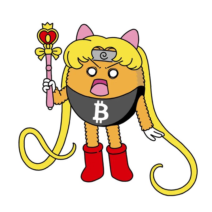A cartoon illustration of a yellow cat-like character with long blonde hair, wearing red boots and a headband, holding a heart-topped scepter and wearing a shirt featuring the Bitcoin logo.