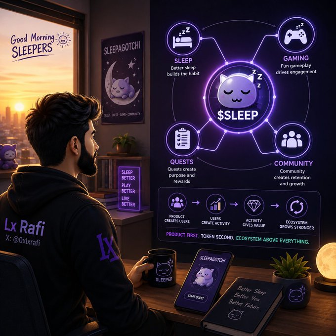 A promotional image for '$SLEEP' featuring a person with 'Lx Rafi' and '@0xlxrafi' on their hoodie, alongside diagrams showing Sleep, Gaming, Quests, and Community features. Text includes 'Good Morning SLEEPERS' and 'PRODUCT FIRST. TOKEN SECOND. ECOSYSTEM ABOVE EVERYTHING.'