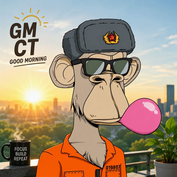 A cartoon monkey wearing a ushanka hat with a star, sunglasses, and an orange jumpsuit blows a pink bubblegum bubble, with 'GM CT GOOD MORNING' and a 'FOCUS BUILD REPEAT' coffee mug.