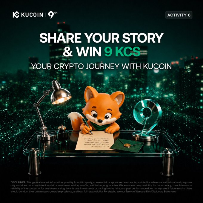 KuCoin's 9th anniversary "Activity 6" invites users to "Share Your Story & Win 9 KCS" by recounting their crypto journey, with the post outlining entry requirements to follow @kucoincom, share a story tagging two friends, and use hashtags #KuCoin9th #BeyondTheSignal #9YearsOfKuCoin — the festive graphic featuring the KuCoin fox mascot writing at a desk alongside a glowing "9" reinforces the celebration theme.