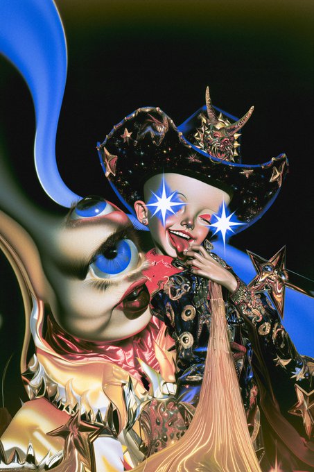 A surreal digital artwork featuring a figure wearing a star-patterned cowboy hat and a demonic mask, with bright star-shaped eyes, accompanied by a distorted cartoonish creature.