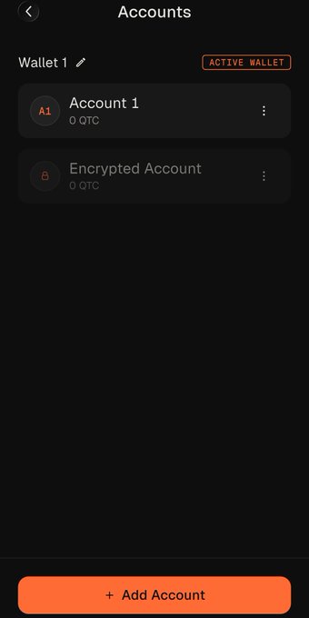 Mobile wallet app screen showing an 'Accounts' page with Wallet 1 marked as the active wallet, containing Account 1 and Encrypted Account with 0 QTC balance each.