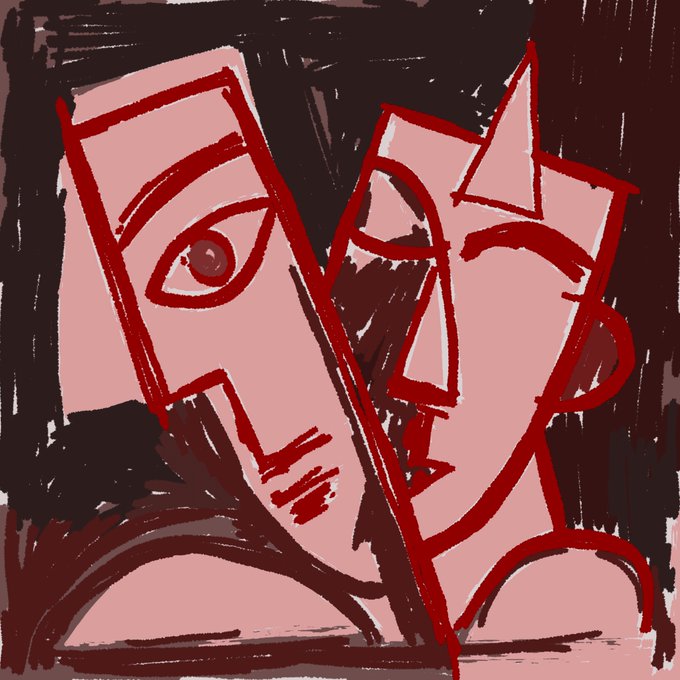 A digital illustration depicting two abstract cubist-style faces rendered in pink and red tones against a dark background, with one face featuring a prominent eye and the other shown in profile. The artwork visually echoes the "Faces" theme mentioned in the post, showcasing stylized facial features through bold lines and geometric forms.