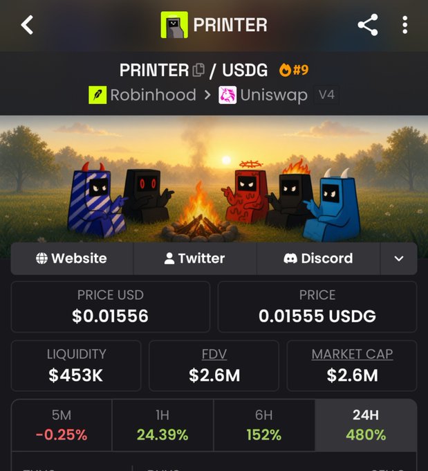 The image shows a crypto tracking app displaying the PRINTER token (PRINTER/USDG) with a current price of $0.01556 USD, a market cap of $2.6M, and a 24-hour gain of 480%, suggesting the user is asking someone to return to the $2M market cap level to verify something. The token is listed on Robinhood and Uniswap V4, and the page features a whimsical illustration of devilish printer characters gathered around a campfire.