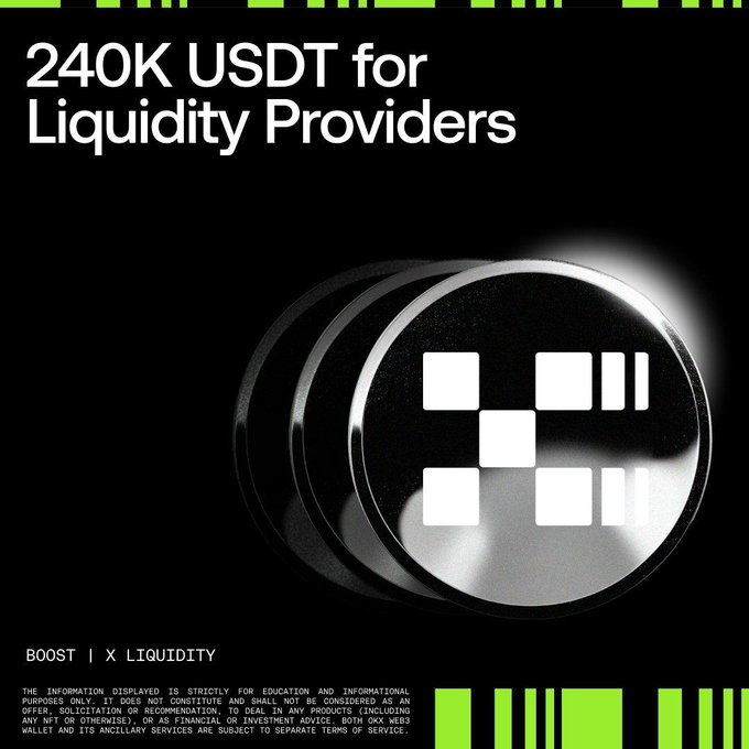 A black-and-neon cryptocurrency promotional graphic advertises “240K USDT for Liquidity Providers.” It features glossy Boost X Liquidity token-like emblems, fine-print disclaimers, and bright green accents along the top and bottom.
