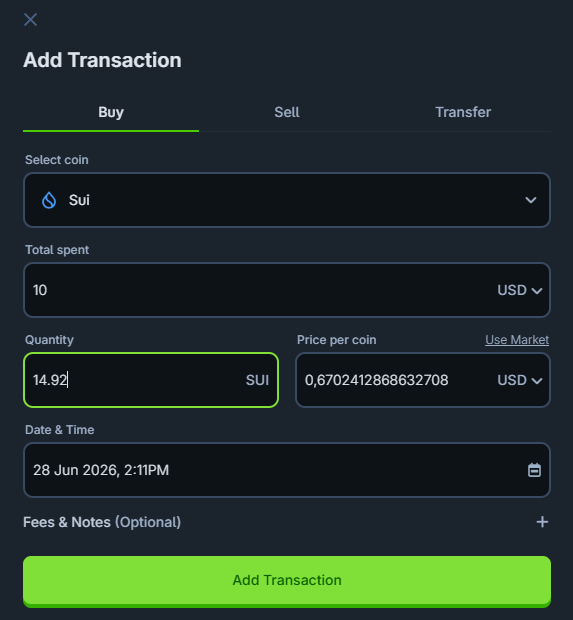 An "Add Transaction" screen showing a Buy order for 10 USD of Sui at $0.6702412 per coin, totaling 14.92 SUI, dated 28 Jun 2026. The image visually confirms the post's Day 92 daily $10 accumulation entry, with the form's values matching the invested amount, quantity added, and current SUI price cited.