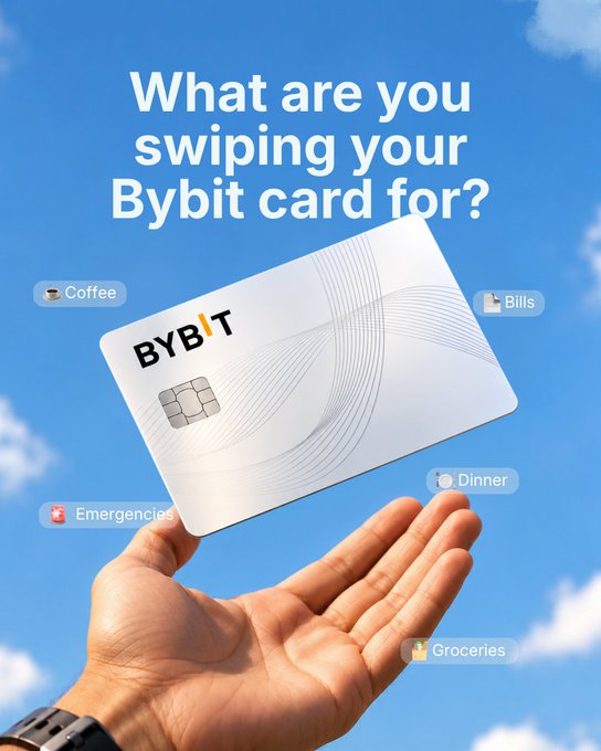 A hand presents a white "BYBIT" branded card against a blue sky background, with the headline "What are you swiping your Bybit card for?" above and floating category tags for Coffee, Bills, Emergencies, Dinner, and Groceries surrounding it—illustrating the various everyday purchases possible with the Bybit Card.