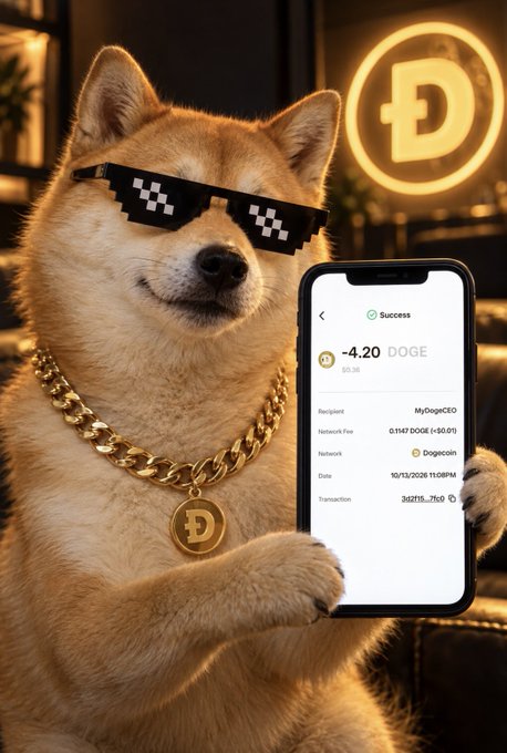A Shiba Inu dog wearing pixelated 'thug life' sunglasses and a gold Dogecoin chain, holding a smartphone displaying a Dogecoin transaction.