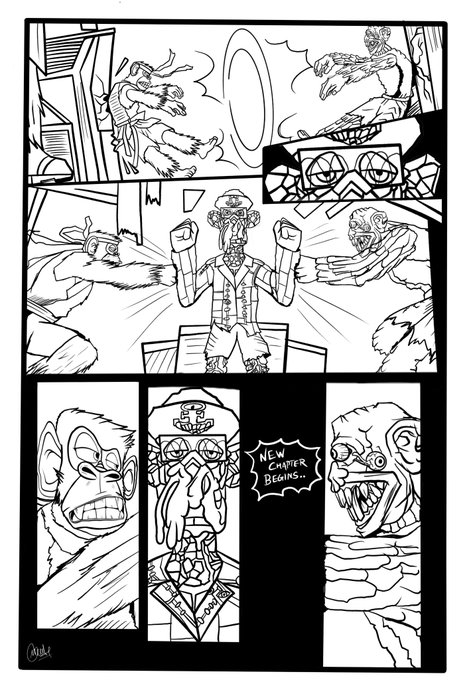 A black and white comic page featuring a new character announcement with the text 'NEW CHAPTER BEGINS...', showing a monkey character, a character in a suit with a paper bag mask, and other figures in dynamic action poses.