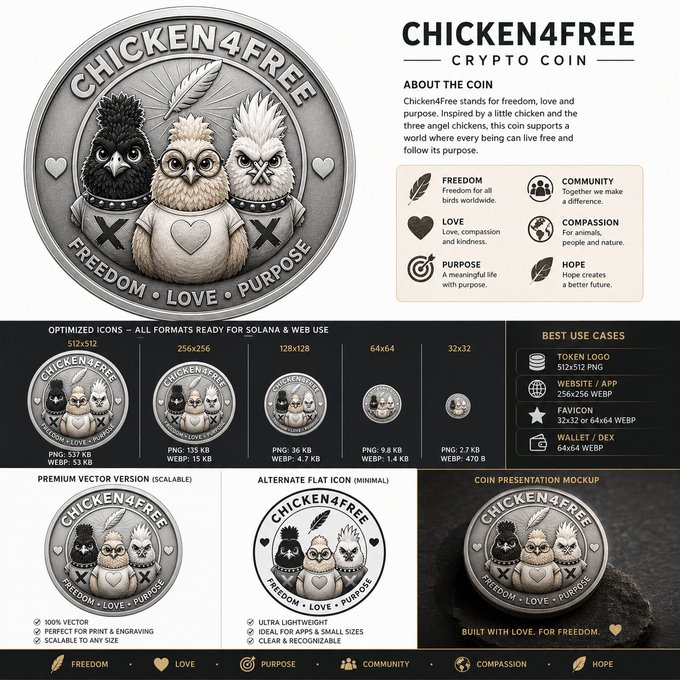 A promotional mockup for the "Chicken4Free" (C4F) crypto coin features three cartoon chickens with the tagline "FREEDOM • LOVE • PURPOSE," along with optimized icon sizes (512x512 down to 32x32), best use cases for token branding, and vector/scalable design assets ready for Solana and web use.