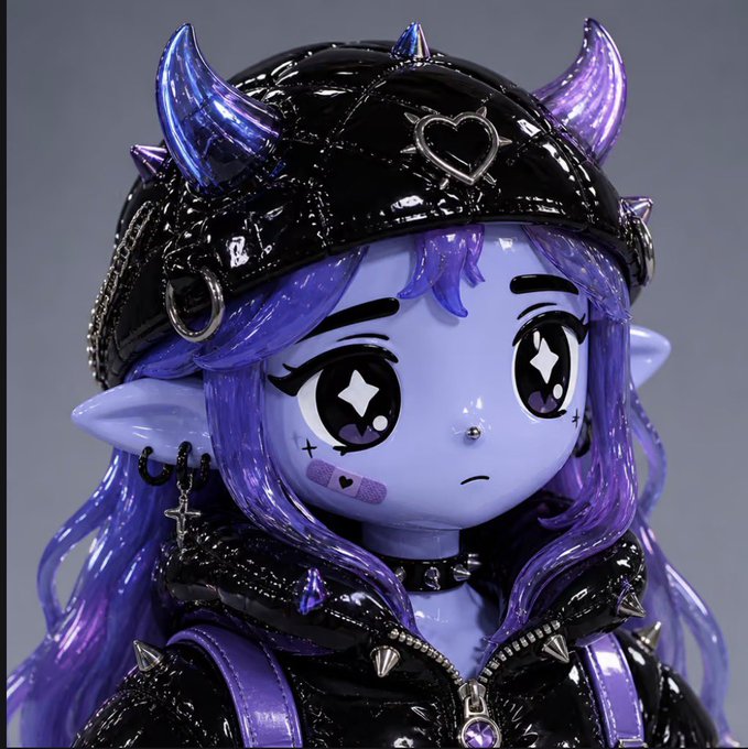 A detailed figurine of a purple-haired anime-style character with large sparkling eyes, wearing a black studded horned helmet and gothic outfit with cross earrings.