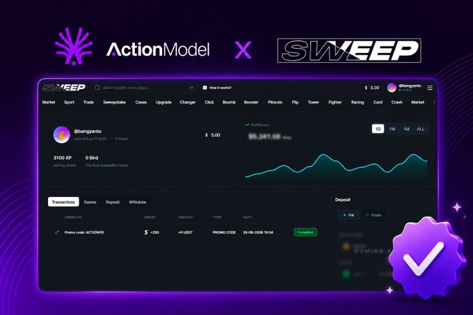 The image is a promotional graphic announcing a collaboration between **ActionModel** and **SWEEP**, featuring a screenshot of the SWEEP platform dashboard displaying a **$5.00** balance, **3,100 XP**, and a transactions list with a "PROMO CODE ACTMODFB" entry under the user **@banggantto**. It visually represents the post's message of claiming an exclusive $5 reward for the Action Model community via the SWEEP Global platform.