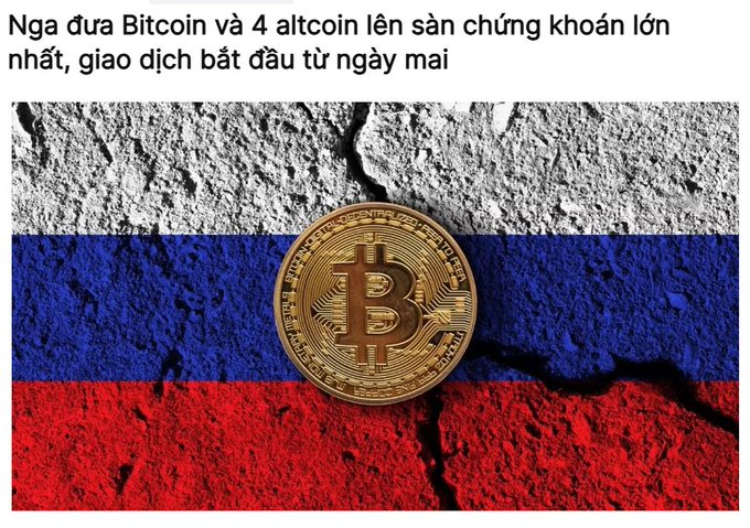 An image of a physical Bitcoin coin overlaid on a cracked Russian flag, with Vietnamese text at the top reading 'Nga đưa Bitcoin và 4 altcoin lên sàn chứng khoán lớn nhất, giao dịch bắt đầu từ ngày mai'.