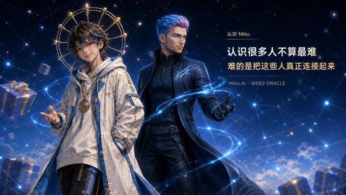 A promotional image featuring two male characters, one in white with a halo and one in black with purple hair, with text reading '认识 Miko' and '认识很多人不算最难 难的是把这些人真正连接起来'.