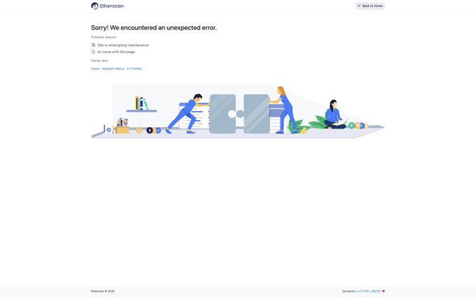 An Etherscan error page showing 'Sorry! We encountered an unexpected error' with an illustration of people working on puzzle pieces.