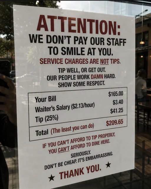 A bold restaurant notice declares "ATTENTION: WE DON'T PAY OUR STAFF TO SMILE AT YOU" and breaks down a $165.00 bill showing a waiter's $2.13/hour salary, a 25% tip, and a $209.65 total, sarcastically adding "DON'T BE CHEAP. IT'S EMBARRASSING." The accompanying post contrasts this with irony, noting the restaurant pays its staff only $2.13 per hour while demanding generous tips.