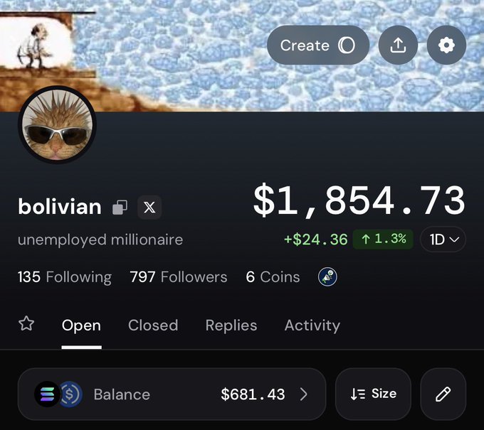 The image shows a Pump.fun profile for user "bolivian" with the bio "unemployed millionaire," displaying a balance of $1,854.73 (up 1.3% or +$24.36) and 797 followers, alongside a Balance section showing $681.43. This appears to be a screenshot showcasing the updated interface of the Pump.fun platform, as referenced in the accompanying post promoting the app's new clean design.