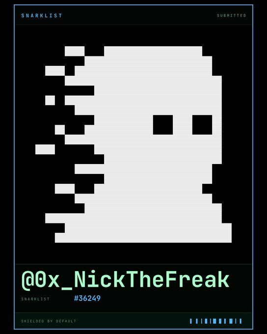 A pixel-art profile graphic labeled 'SNARKLIST' displays a glitchy white face with black eyes, username '@Ox_NickTheFreak', and ID '#36249' on a black background.