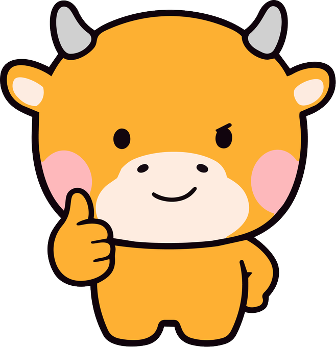 A cartoon illustration of an orange cow-like character giving a thumbs-up with pink cheeks and a happy expression.