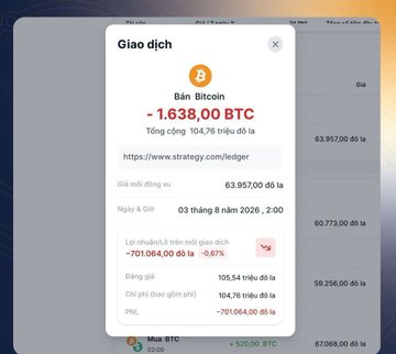 A Vietnamese cryptocurrency transaction record shows 'Giao dịch' (Transaction) with a Bitcoin receipt for '-1.638,00 BTC', valued at '-701.064,00 đô la' (-0.67%), dated '03 tháng 8 năm 2026'.