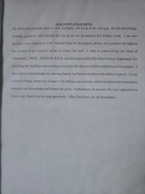 A page showing the "ACKNOWLEDGEMENT" section of a project, which thanks "Prof. Anselm Bala" as the supervisor and Head of the Microbiology department for his support and guidance.