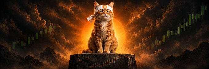A majestic orange tabby cat wearing a Bitcoin-logo bandana sits atop a rocky pedestal against a fiery, cloud-filled backdrop with green candlestick chart patterns on either side, symbolizing a Bitcoin (BTC) trader or holder. The image relates to the post by serving as the community-created banner for the Solana-based token tracking Bitcoin ($BTC) on the Moby platform.