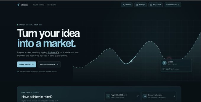 Screenshot of a dark-themed website with the headline 'Turn your idea into a market.' branded as 'xStorkSOL' on the Sui blockchain, showing a price chart and links to launch a memecoin.
