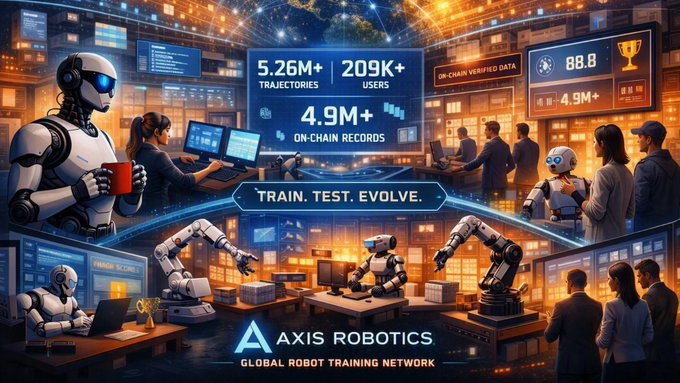 Promotional graphic for "AXIS ROBOTICS" featuring the tagline "GLOBAL ROBOT TRAINING NETWORK" and "TRAIN. TEST. EVOLVE." alongside statistics like "5.26M+ TRAJECTORIES," "209K+ USERS," and "4.9M+ ON-CHAIN RECORDS" with scenes of robots and people.
