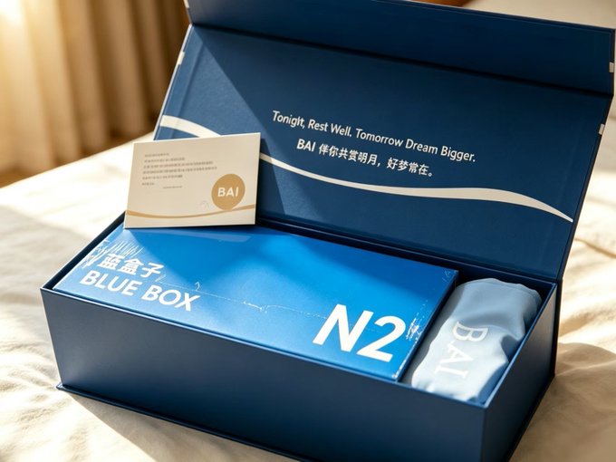 An open blue box labeled 'BLUE BOX' with 'N2' on it contains a card reading 'BAI' and text inside the lid that says 'Tonight. Rest Well. Tomorrow Dream Bigger. BAI 伴你共赏明月, 好梦常在。'