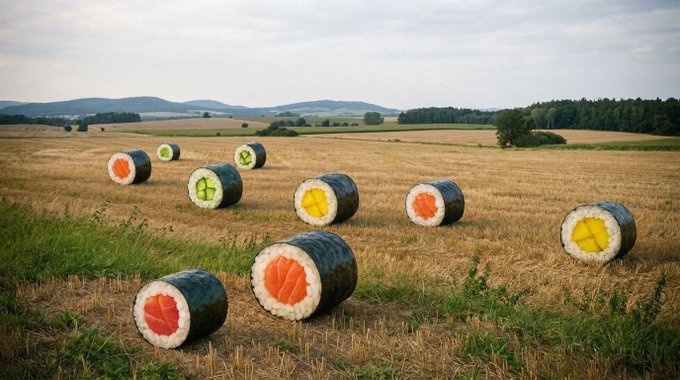 A landscape view of a harvested field with scattered large cylindrical hay bales, each painted with circular designs resembling sushi rolls with colored centers in orange, yellow, and green.