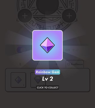 A mobile game interface showing a 'Rainbow Gem' item at Level 2 with a 'CLICK TO COLLECT' prompt.