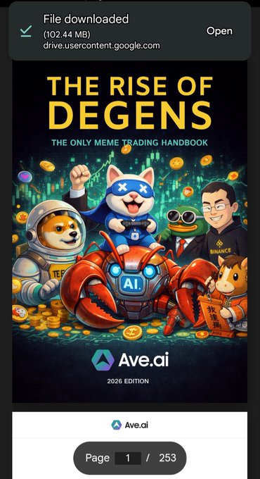 The image shows a downloaded PDF titled "THE RISE OF DEGENS: THE ONLY MEME TRADING HANDBOOK" (2026 Edition, 253 pages) from Ave.ai, featuring cartoon mascot characters including a Shiba Inu in a spacesuit and a cat-headed figure alongside an "AI" crab. The download notification indicates the file (102.44 MB) came from drive.usercontent.google.com, aligning with the post's recommendation to download an educational trading guide for beginners learning DEX/on-chain trading.