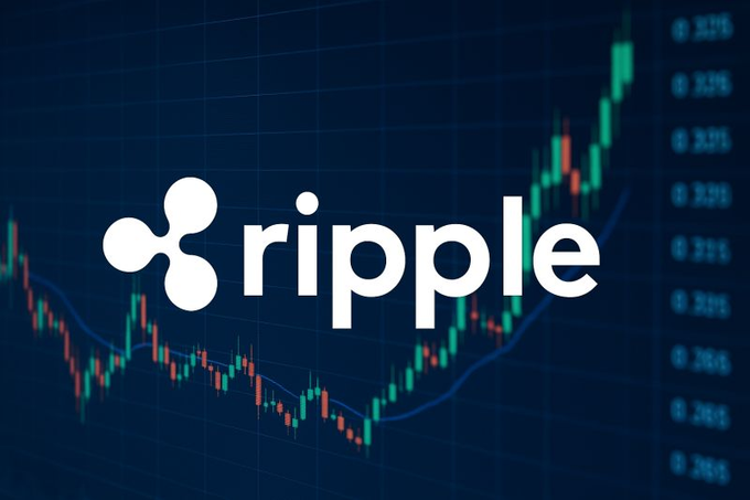 The image displays the Ripple logo prominently against a dark blue background featuring a financial candlestick chart with green and red price bars trending upward on the right side, alongside price values ranging from 0.2000 to 0.3250. The upward chart trend visually reinforces the post's message about Ripple's RLUSD expansion and growing institutional adoption in stablecoin payments.