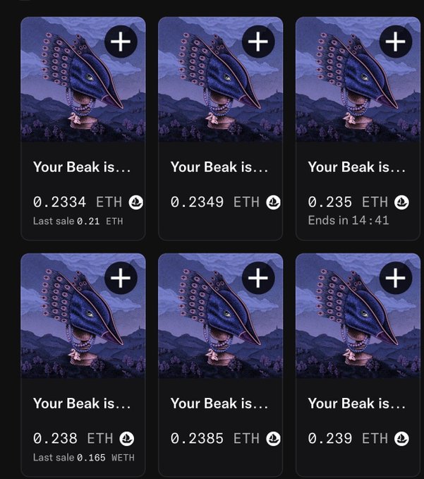 The image shows a collection of six different cards, each displaying a unique design featuring a peacock with a blue hat. The cards are arranged in two rows, with three cards in each row. Each card has a price tag attached to it, indicating that they are for sale on a cryptocurrency exchange platform called @thebeaksart. The post also mentions the last sale of 9 Ether and the current price of 0.23 ETH.